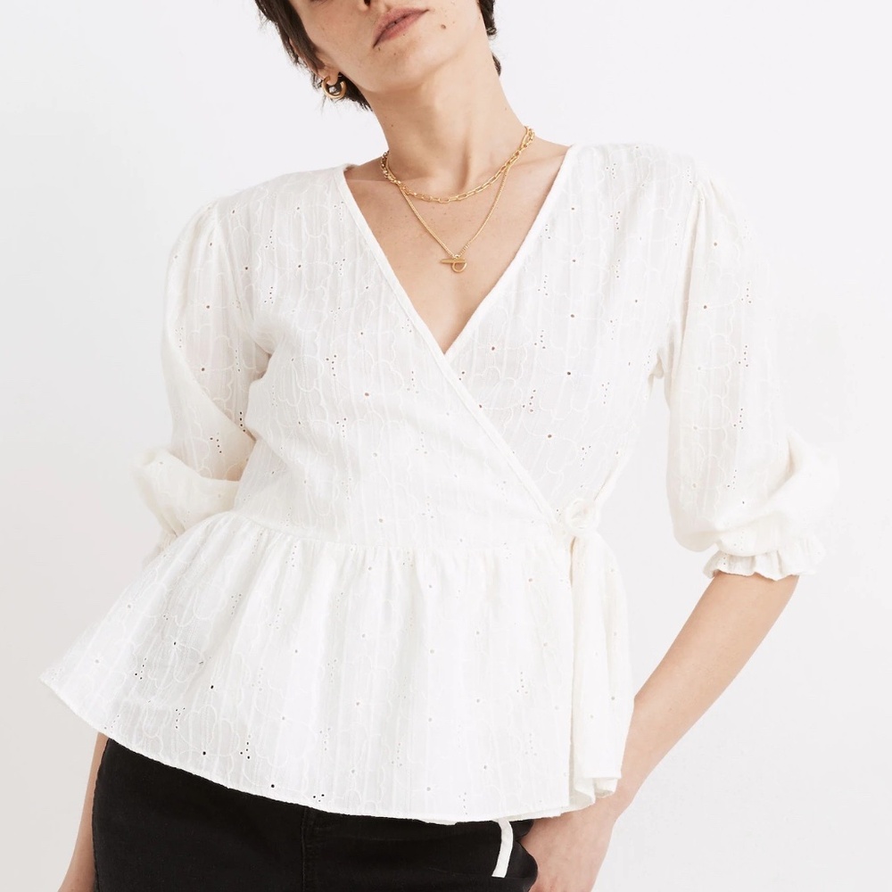 Madewell | Embroidered Eyelet Puff-Sleeve Peplum Wrap Top